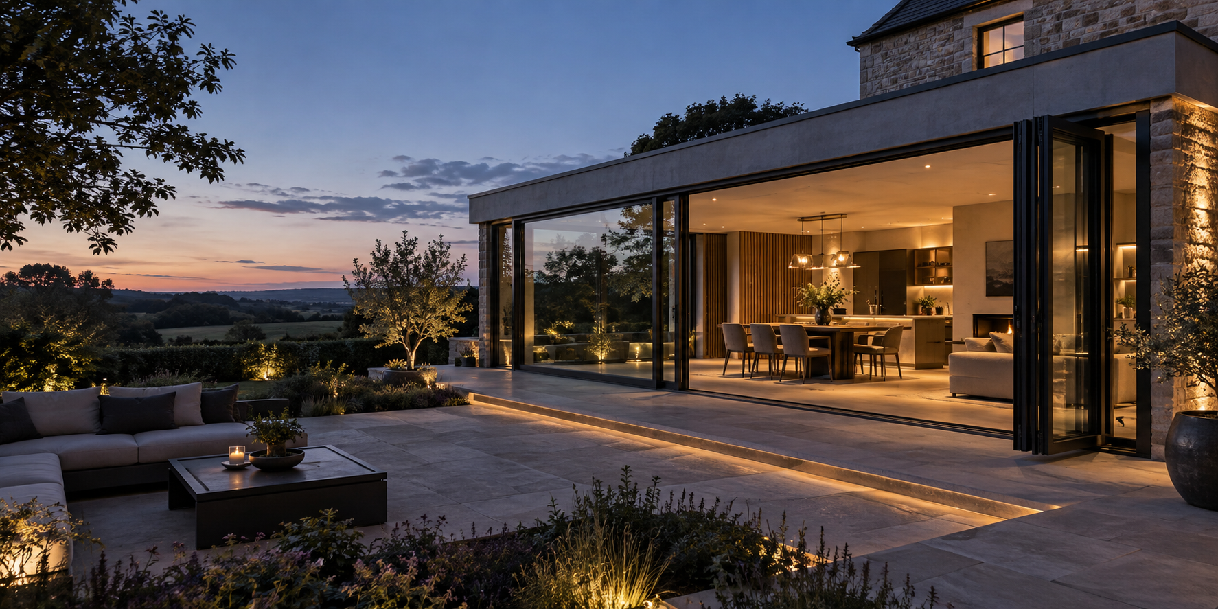 Open aluminium bi-fold doors connecting a home to a terrace