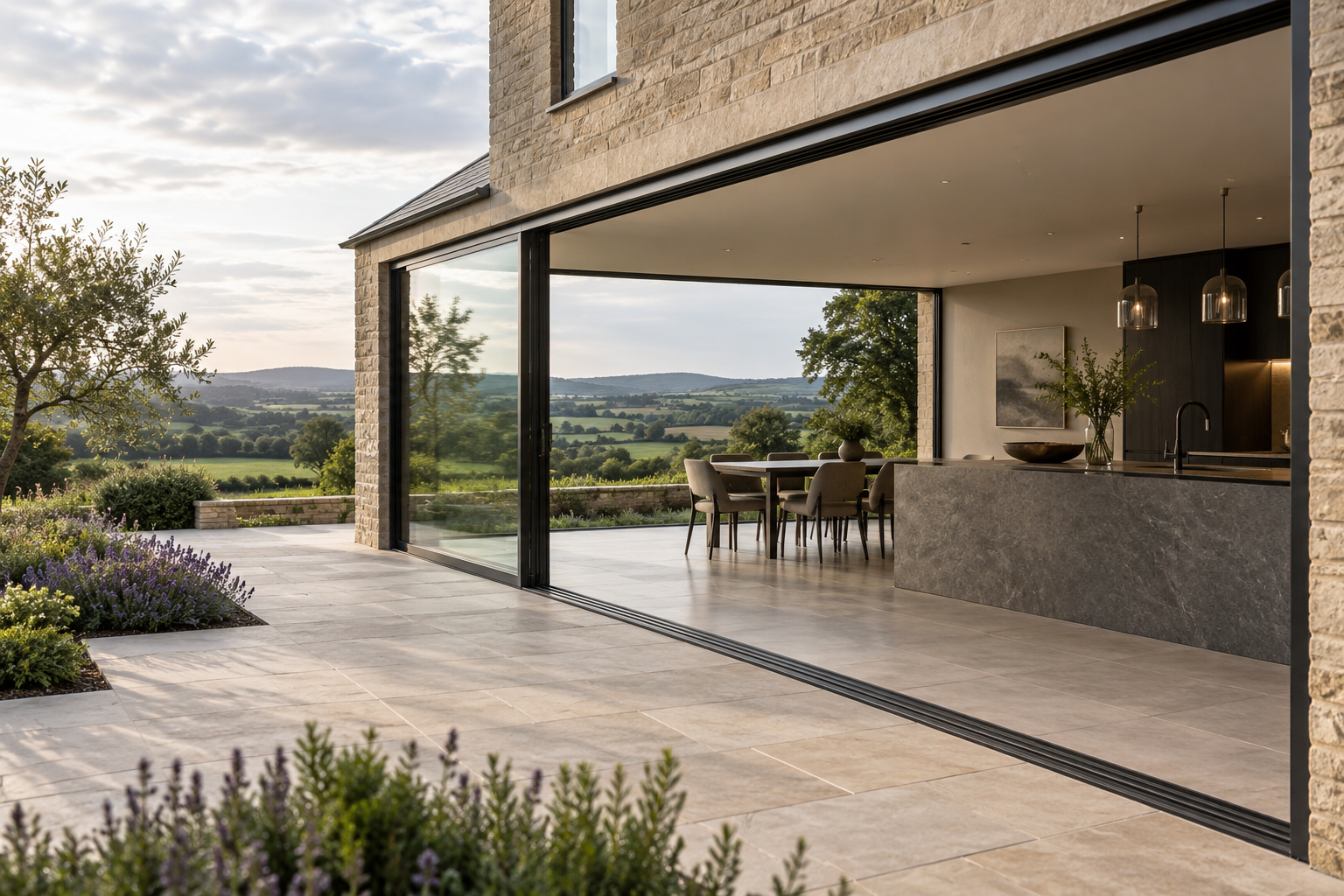 Contemporary stone home with a large-format glazed opening onto the countryside