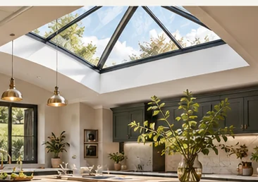 Large black-framed rooflights above a bright modern kitchen and living space
