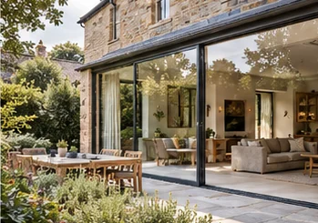 Slimline sliding glass doors spanning a contemporary home and opening onto a landscaped garden