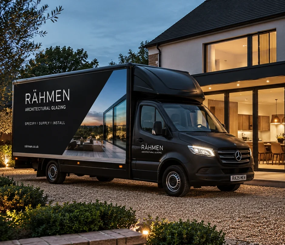 RÄHMEN branded van parked outside a contemporary home